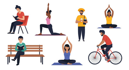 Diverse people enjoying leisure activities like reading, yoga, and cycling for a healthy lifestyle.