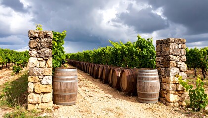 Vineyard pathway with barrels