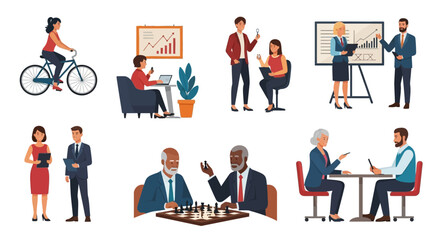 Fototapeta premium Diverse professionals collaborate, present, and strategize in various modern business settings and leisure activities.