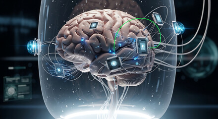 Advanced technology integrates with the human brain, exploring the frontiers of artificial intelligence and consciousness.