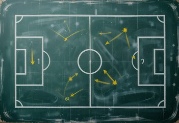 Tactical soccer strategy and game plan diagram drawn on a green chalkboard with movement arrows
