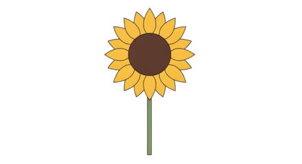Illustration of a bright yellow sunflower with a brown center and green stem on a transparent background