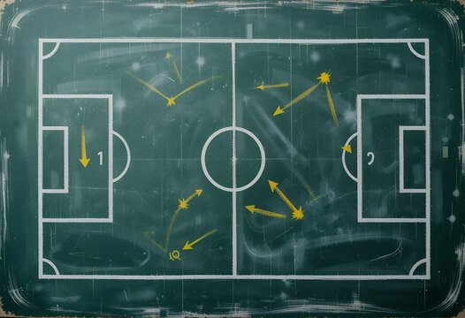 Tactical soccer strategy and game plan diagram drawn on a green chalkboard with movement arrows