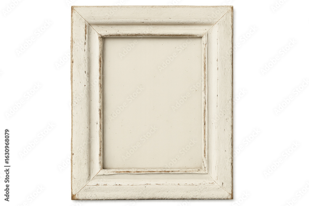 Poster wooden picture frame with distressed white paint and transparent background isolating empty space fo