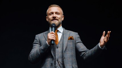 White man, speaker holding microphone and gesturing on stage. Male politician giving public speech or engaging in lively debate. Political conference concept for presentation.