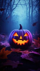 Naklejka premium Spooky Halloween pumpkin glowing in a misty forest