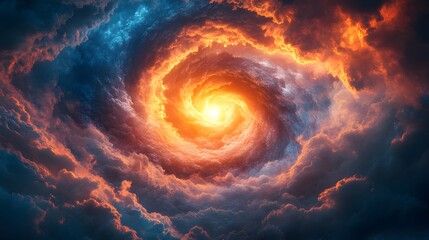 Celestial vortex with swirling clouds and a radiant core. Disaster Background. Intense light transitions through vibrant hues, creating a cosmic gateway effect. Powerful and awe-inspiring.