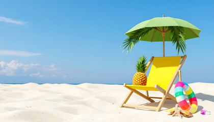 Relaxing Beach Scene With Deck Chair Umbrella Pineapple and White Sand