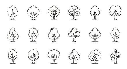 Diverse collection of simple line art trees for nature and environmental designs