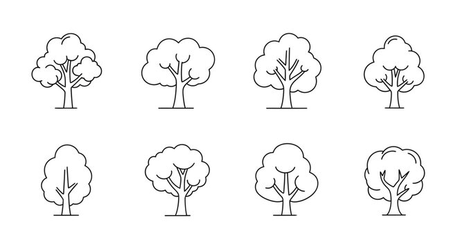Diverse collection of simple line art trees perfect for nature projects and eco-friendly designs