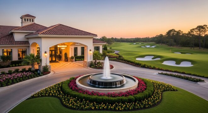Luxurious golf clubhouse entrance with a beautiful fountain and a sprawling golf course at sunset.