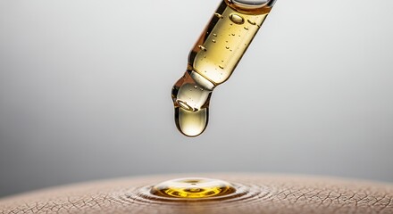 Close-up of a dropper dispensing golden liquid onto skin, creating ripples.