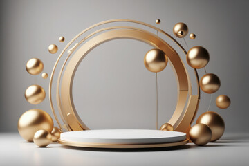 Elegant gold arch and pedestal with floating spheres for product display