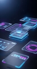 A glowing futuristic circular interface with abstract data visualization in blue and pink neon.