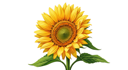 A vibrant sunflower with bright yellow petals stands tall against a clean transparent background in summer