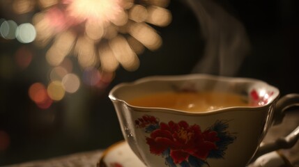 Porcelain teacup with peony motifs, steam rising as bokeh lights mimic festive fireworks.