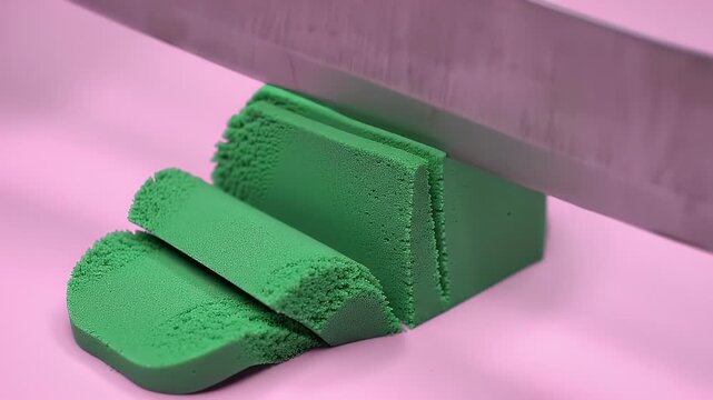 Close-up of a knife smoothly cutting through a vibrant green kinetic sand block on a pink surface