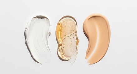 Fototapeta premium Cosmetic product swatches: white cream, golden gel, and beige foundation.