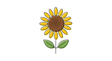 Obraz premium A simple sunflower illustration with yellow petals and green leaves on a transparent background creates a cheerful design