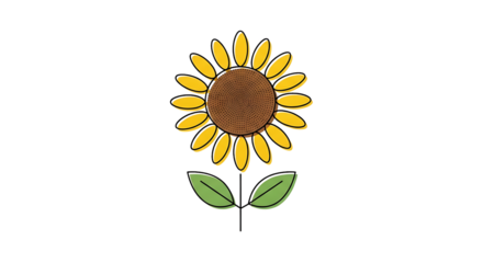 A simple sunflower illustration with yellow petals and green leaves on a transparent background creates a cheerful design