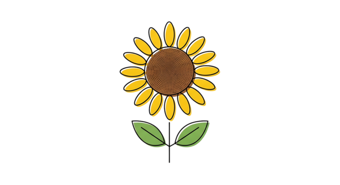 A simple sunflower illustration with yellow petals and green leaves on a transparent background creates a cheerful design - Powered by Adobe