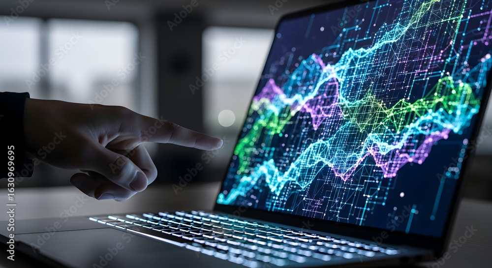 Aufkleber hand pointing at colorful data graph displayed on glowing laptop