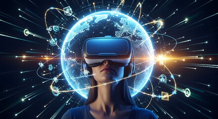Woman Wearing VR Headset Against Digital Globe Background