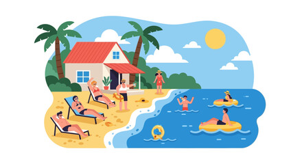 Obraz premium Joyful people enjoying sunny beach vacation, relaxing on lounge chairs and floating in the ocean