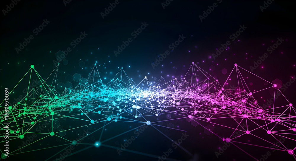 Poster colorful abstract network with glowing dots on dark background
