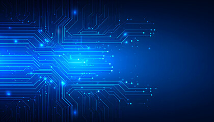 Abstract Digital Circuit Board Design With Glowing Blue Lines On Dark Blue Background