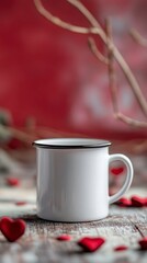 Charming White Mug Surrounded by Red Hearts and Branches