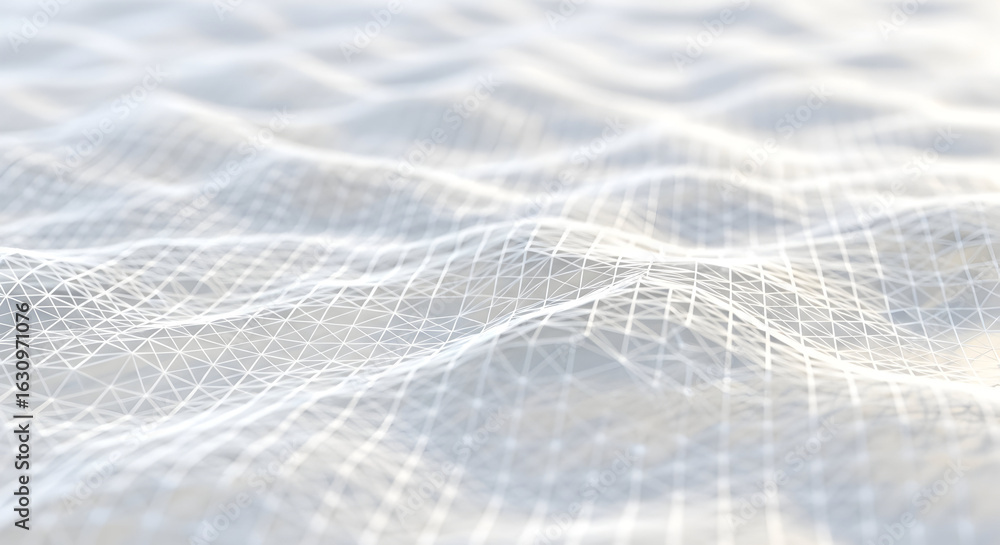 Poster abstract white wavy wireframe grid surface in shallow depth of field