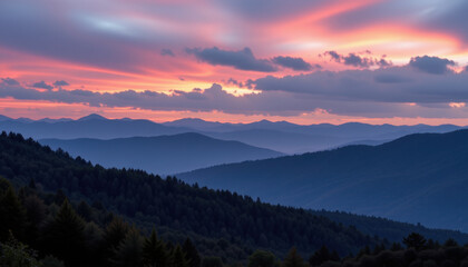 Obraz premium Breathtaking sunset over rolling mountains, showcasing vibrant hues of pink and orange against backdrop of layered peaks and lush forests. serene landscape evokes sense of tranquility and wonder