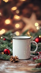 Cozy Holiday Mug Surrounded by Pine Cones and Christmas Ornaments