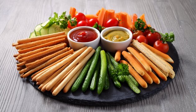 encas avec gressin et legumes coupes en batonnets a tremper dans la sauce epicee