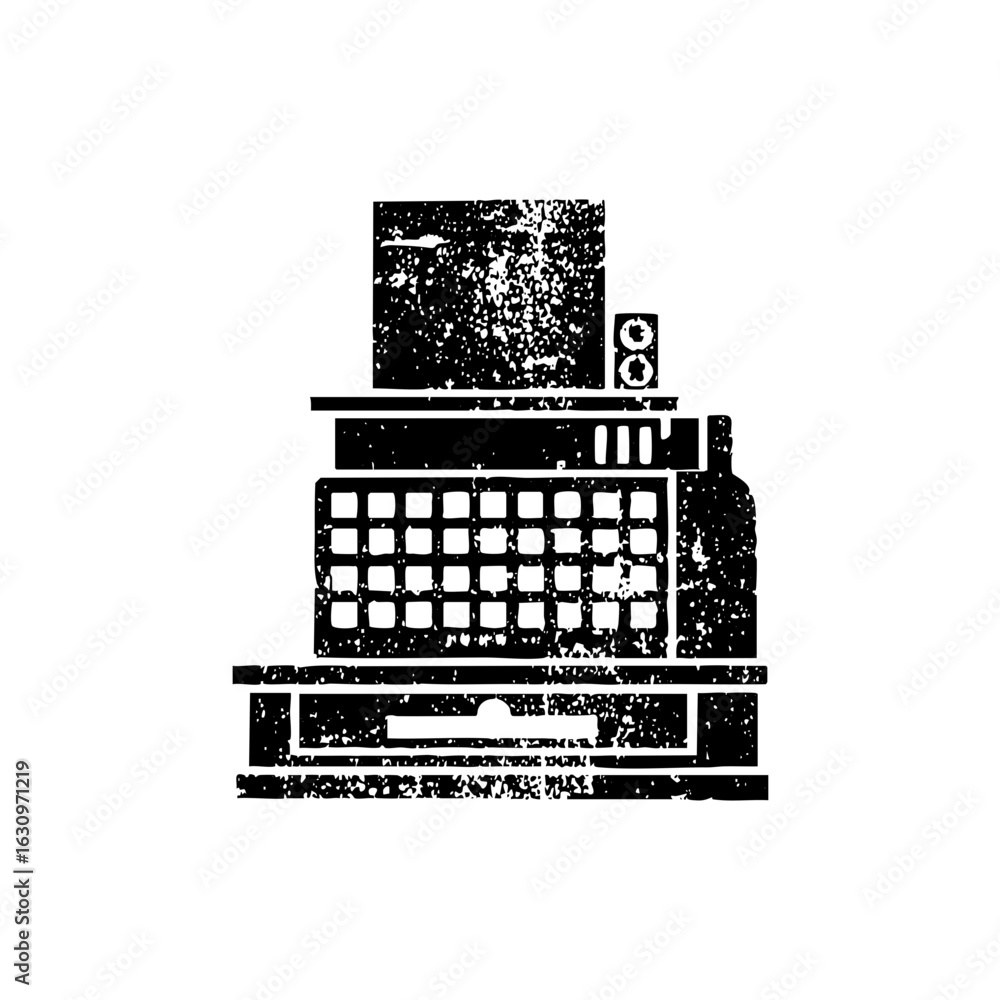 Poster vector monochrome building with geometric shapes and a textured facade.
