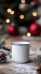Cozy White Mug on Wooden Table Surrounded by Christmas Decorations