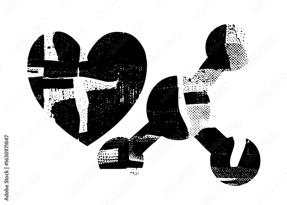 Poster vector abstract heart and script in monochrome style.