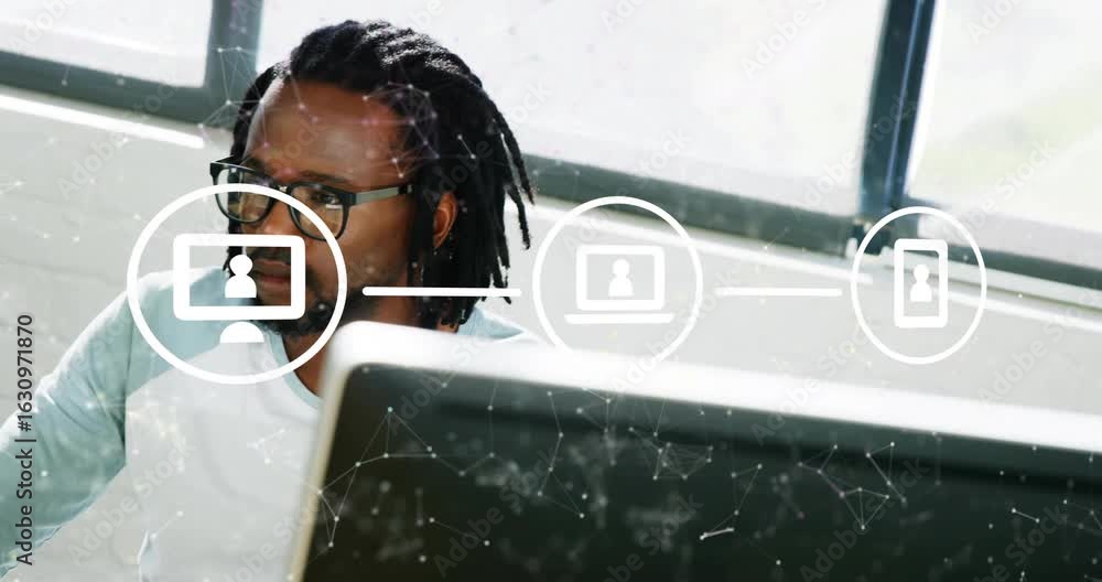 Poster user icon appearing extending through device icons man using mouse showing technology connection