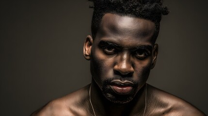 Obraz premium Striking portrait of a Black male model with strong features and dramatic lighting, exuding powerful presence.
