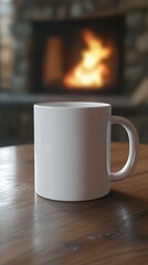 White Mug on Wooden Table in Front of Cozy Fireplace Atmosphere