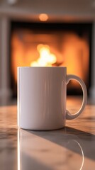 Obraz premium Warm Coffee Mug with Cozy Fireplace Background in Soft Lighting