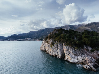 Drone view of the old town of Perast in the bay of Kotor, Montenegro