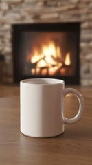 Fototapeta premium Cozy Coffee Mug in Front of a Rustic Fireplace with Warm Glow