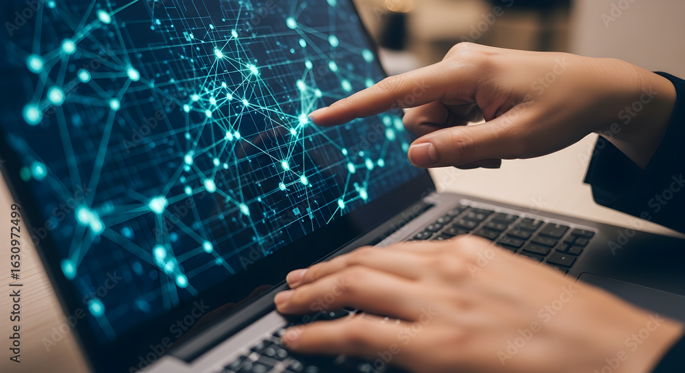 Aufkleber hands using laptop with glowing blue network connection display