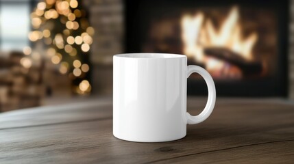 Empty White Coffee Mug on Table with Cozy Fireplace Background