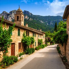 Fototapeta premium Picturesque village street with stone buildings and mountain backdrop
