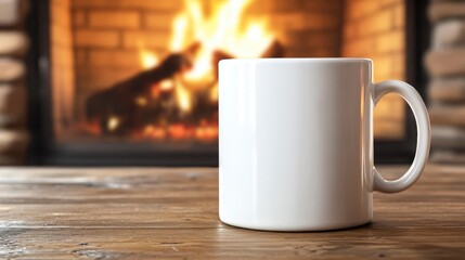 Cozy White Coffee Mug in Front of a Warm Fireplace Scene