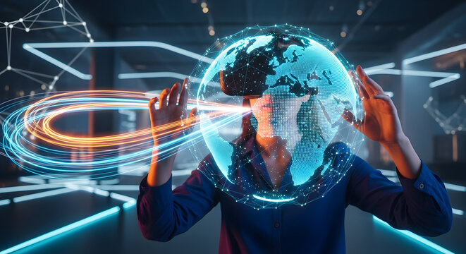 Woman Using VR Headset with Holographic Earth Interface in Futuristic Setting