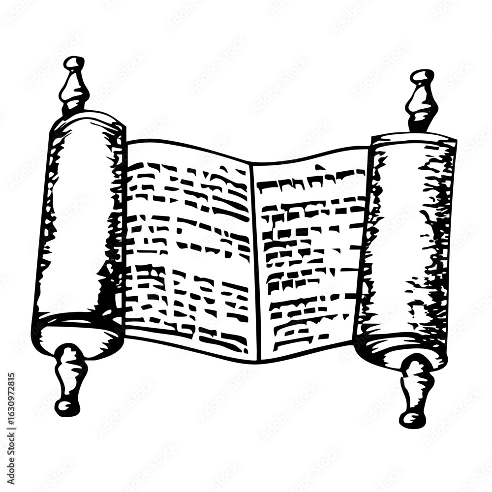 Poster vector detailed of an open torah scroll with hebrew text.